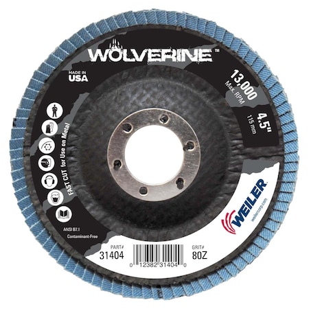 Weiler 4-1/2" Abrasive Flap Disc, Flat (TY27), Phenolic Backing, 80Z, 7/8" 31404